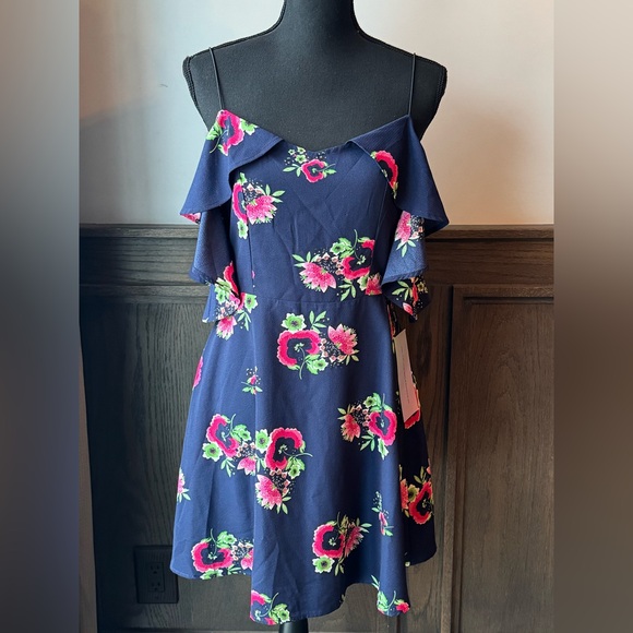 Symphony navy and pink floral cold shoulder see open back dress size medium NWT - Picture 2 of 10
